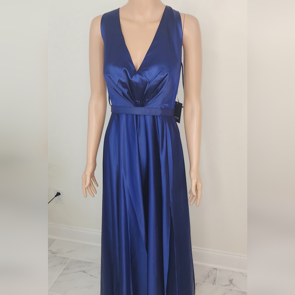 marina deep v belted stretched charmeuse gown - Picture 9 of 15